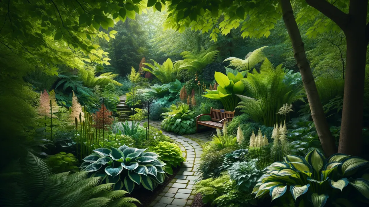 A lush shade garden with Hostas