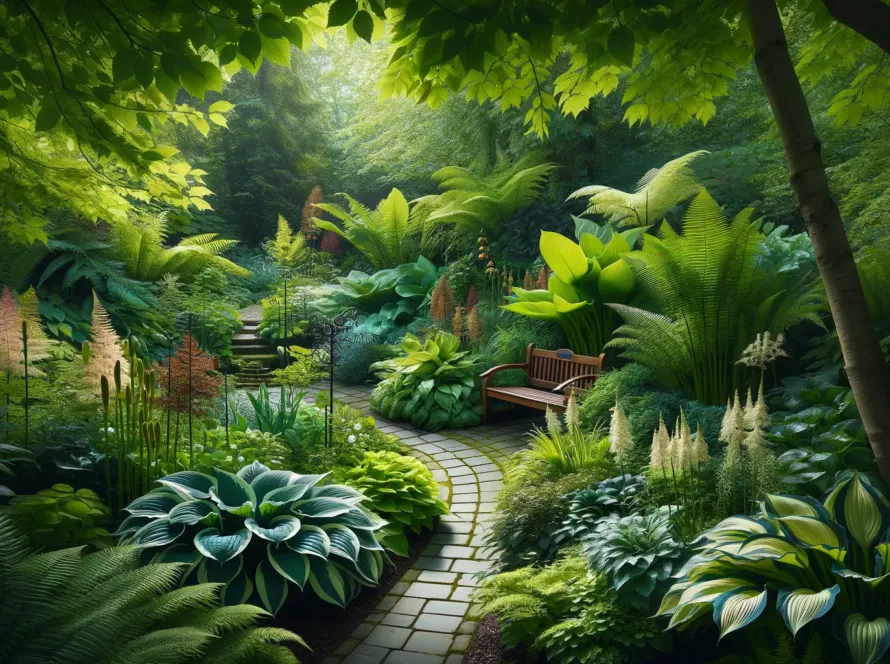 A lush shade garden with Hostas