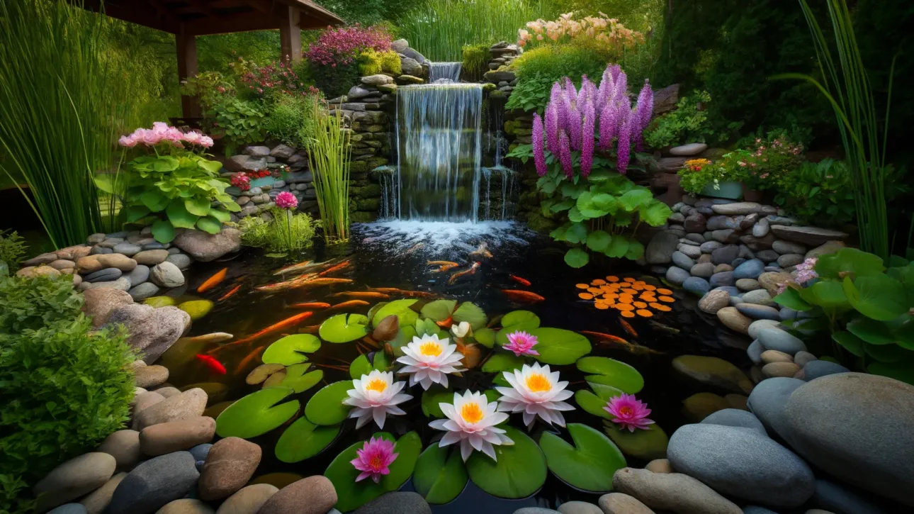 A serene water garden with blooming Water Lilies