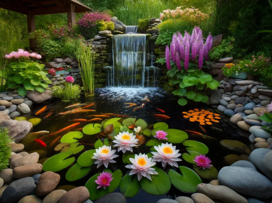 A serene water garden with blooming Water Lilies