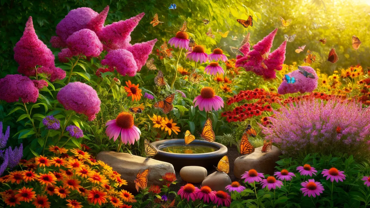 A vibrant butterfly garden featuring clusters of Butterfly Bush