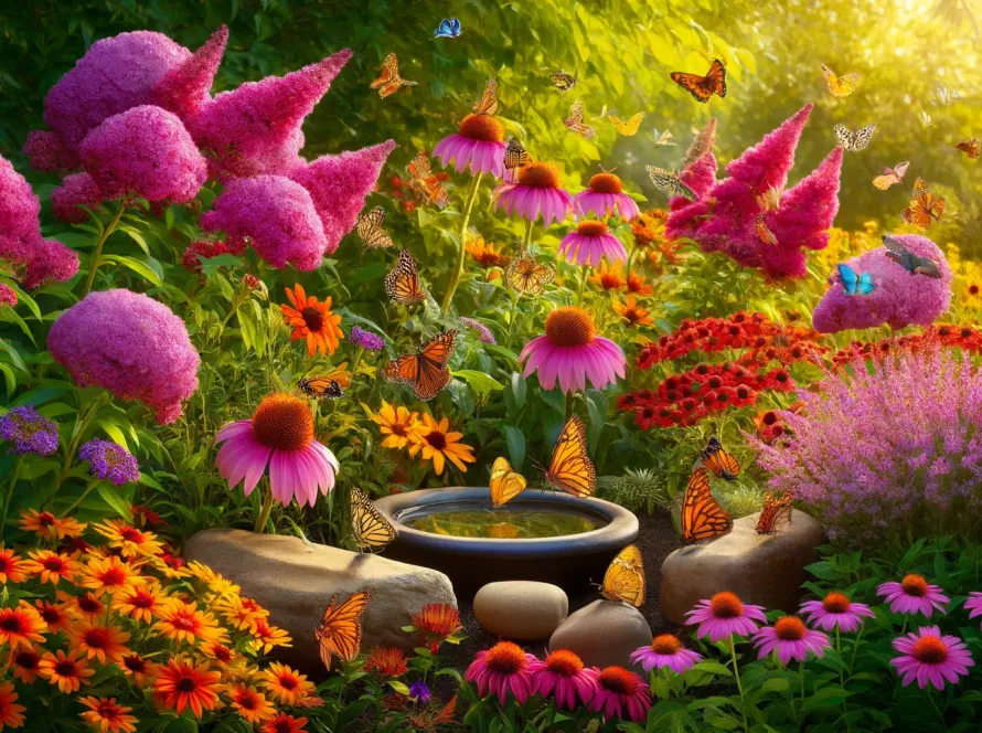 A vibrant butterfly garden featuring clusters of Butterfly Bush