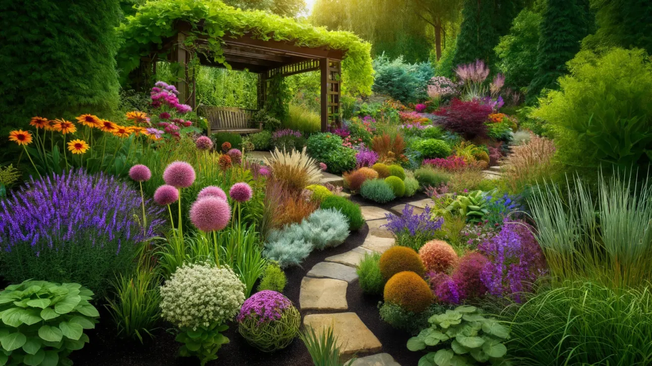 A vibrant summer garden in full bloom, showcasing a harmonious blend of plants and structures