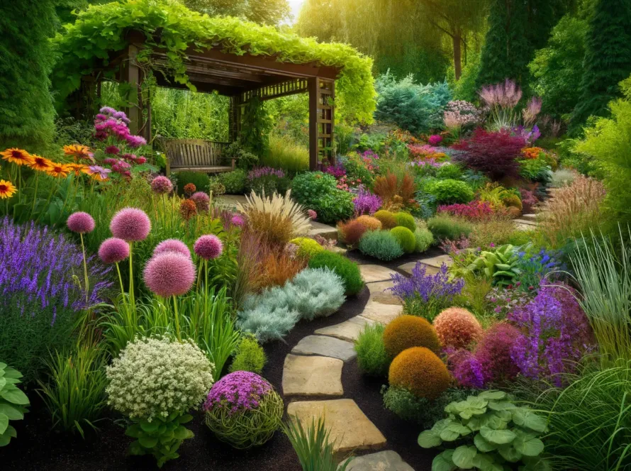 A vibrant summer garden in full bloom, showcasing a harmonious blend of plants and structures