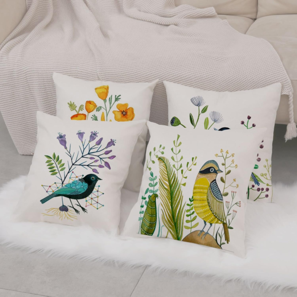 Bird Decorative Pillow Covers Spring Style Throw Pillow Cover Cushion Case Outdoor Flower Bird Set for Sofa Bed Couch Car Office 16X16 Inch Set of 4 - Image 7