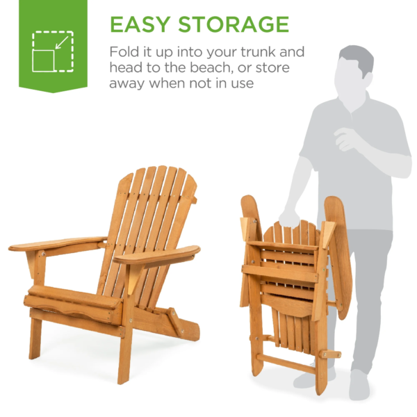 Folding Adirondack Chair Outdoor, Wooden Accent Lounge Furniture W/ 350Lb Capacity - Natural - Image 4