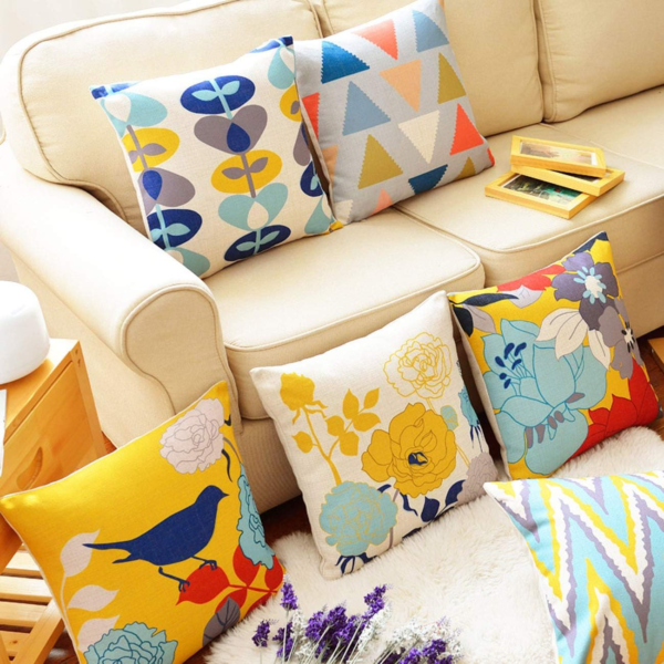Floral Spring Summer Pillow Covers 18X18 Pack of 2 Farmhouse Cotton Linen Outdoor Pillow Covers for Patio Furniture Porch Blue and Yellow Throw Pillow Covers for Couch Sofa Bed Chair - Image 2