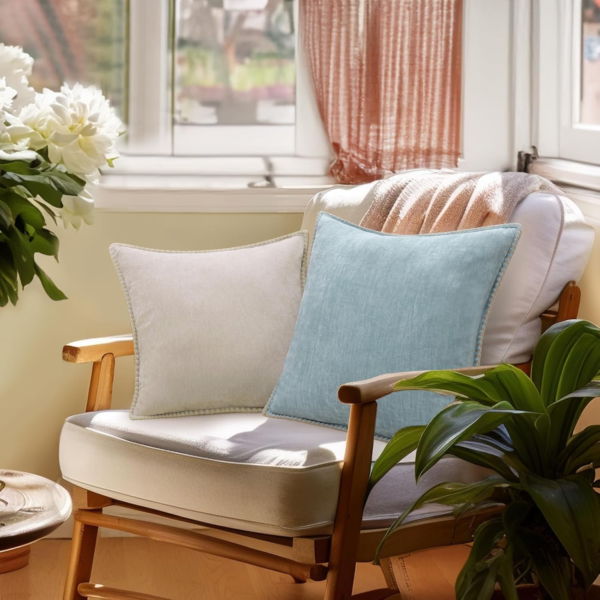Chenille Soft Throw Pillow Covers 24X24 Set of 2, Farmhouse Velvet Decorative Pillow Covers with Stitched Edge for Couch Sofa Bed, Aqua Haze - Image 7