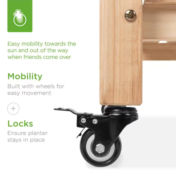 48 In. X 24 In. X 32 In. Wood Raised Garden Bed with Lockable Wheels, Liner - Image 4