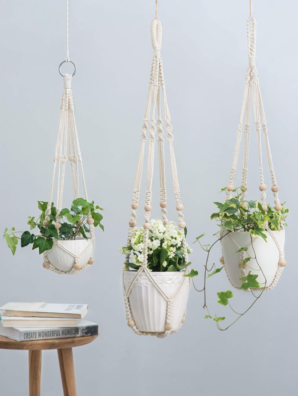 3 Pack Macrame Plant Hangers Indoor Different Size Hanging Planter Basket Flower Pot Holder with Beads No Tassels 35"/29"/23", Medium, Ivory - Image 3