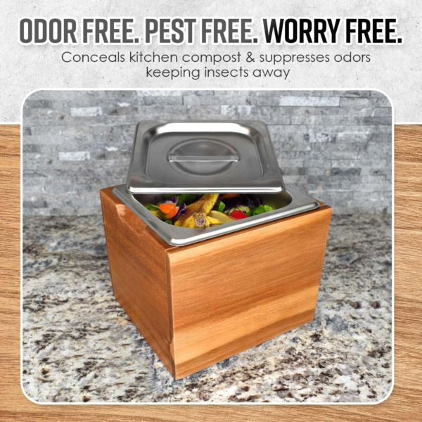 Kitchen Compost Bin- Rust Proof Stainless Steel Insert, Countertop Compost Bin with Lid and Acacia Wood Box- Small Compost Bin Kitchen - Image 5