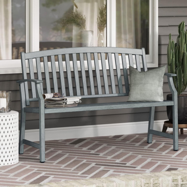 Farmhouse Outdoor Bench, Garden Benches with Anti-Rust Aluminum Metal Frame, Faux Wood Grain Finish Frame Patio Bench for Front Porch, Weathered Blue - Image 7