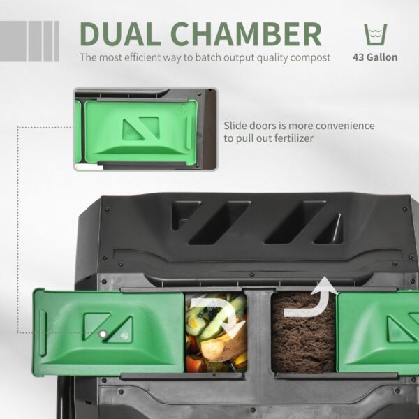 160L Tumbling Compost Bin Outdoor Dual Chamber 360° Rotating Composter w/ Sliding Doors & Solid Steel Frame, Black - Image 4