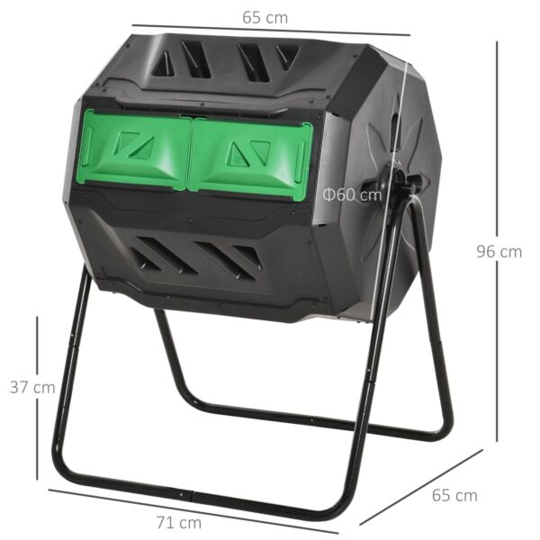 160L Tumbling Compost Bin Outdoor Dual Chamber 360° Rotating Composter w/ Sliding Doors & Solid Steel Frame, Black - Image 3