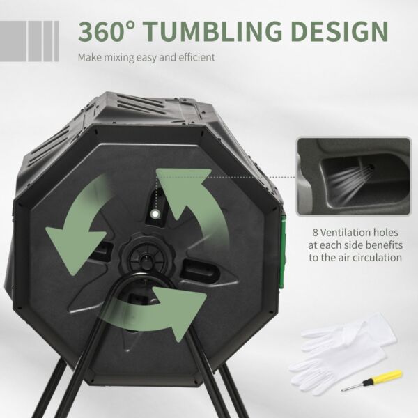 160L Tumbling Compost Bin Outdoor Dual Chamber 360° Rotating Composter w/ Sliding Doors & Solid Steel Frame, Black - Image 5