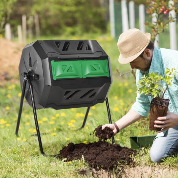 160L Tumbling Compost Bin Outdoor Dual Chamber 360° Rotating Composter w/ Sliding Doors & Solid Steel Frame, Black - Image 2