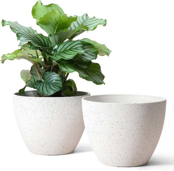 Flower Pots Outdoor Indoor Planter - 11.3 Inch Garden Plant Pots Tree Planter for Patio, Deck,Garden,Speckled White,Set of 2