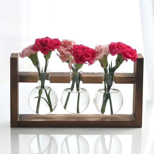 Plant Propagation Station Glass Terrarium Planter Flower Vase with Retro Solid Wooden Stand for Home Kitchen Indoor Garden Wedding Desktop Decor, 3 Bulb Vase - Image 5