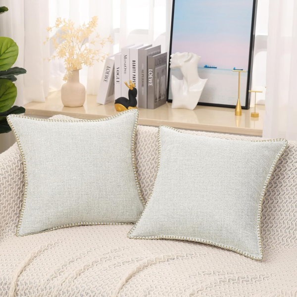 Spring Decorative Outdoor Throw Pillow Covers 18X18 Set of 2, Square Linen Rustic Farmhouse Pillow Covers with Stitched Edge for Couch, Sofa, Living Room, Beige - Image 9