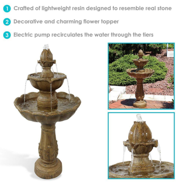 38 In. 2-Tier Blooming Flower Outdoor Water Fountain - Image 4