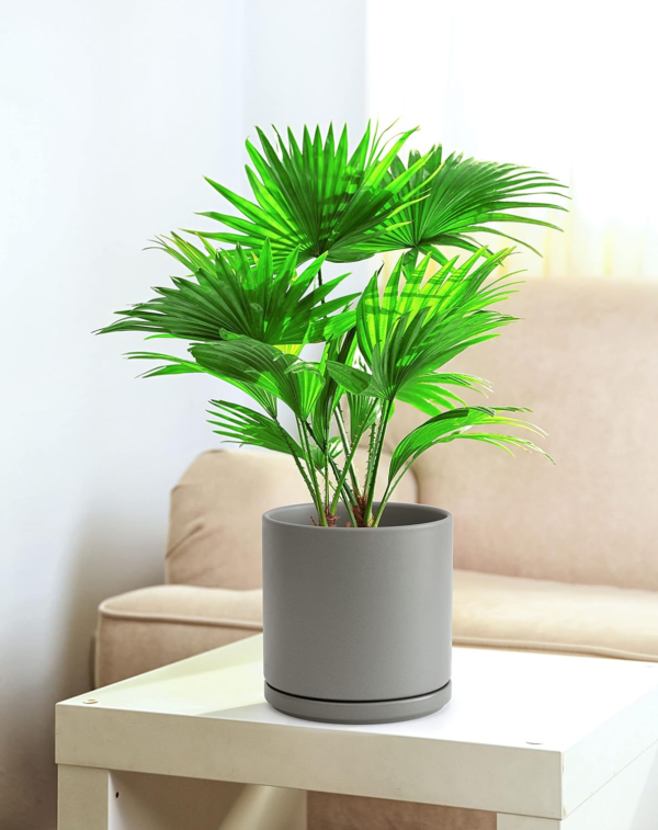 8 Inch Ceramic Planter Pot with Drainage Hole and Saucer, Indoor Cylinder round Planter Pot, Grey, 94-O-D-3 - Image 5