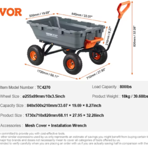 VEVOR Garden Cart Utility Barrow Carts 800Lbs Load Durable Dump Carts Versatile Dump Wagon with Steel Frame&Dual-Function Handl