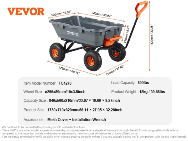 VEVOR Garden Cart Utility Barrow Carts 800Lbs Load Durable Dump Carts Versatile Dump Wagon with Steel Frame&Dual-Function Handl