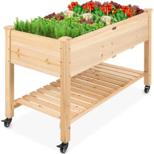 48 In. X 24 In. X 32 In. Wood Raised Garden Bed with Lockable Wheels, Liner