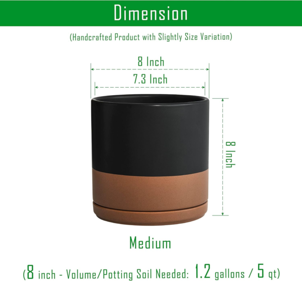 8 Inch Ceramic Planter Pot with Drainage Hole and Saucer, Indoor Cylinder round Planter Pot, Black/Speckled Tan, 94-O-D-7 - Image 3