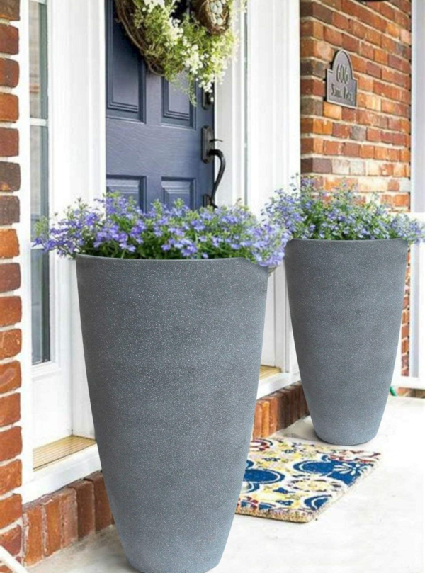 Set of 2 Tall Planters with Trays, 20 Inch Indoor/Outdoor Tall Planters,Large Grey Flower Pots,Tree Planters for Front Door,Patio and Deck - Image 2
