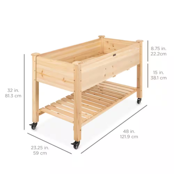 48 In. X 24 In. X 32 In. Wood Raised Garden Bed with Lockable Wheels, Liner - Image 7