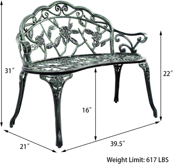 Outdoor Garden Bench Iron Patio Benches for Outdoors, Porch Bench Chair with Curved Legs Cast Aluminum Rose Antique Style, Green - Image 3