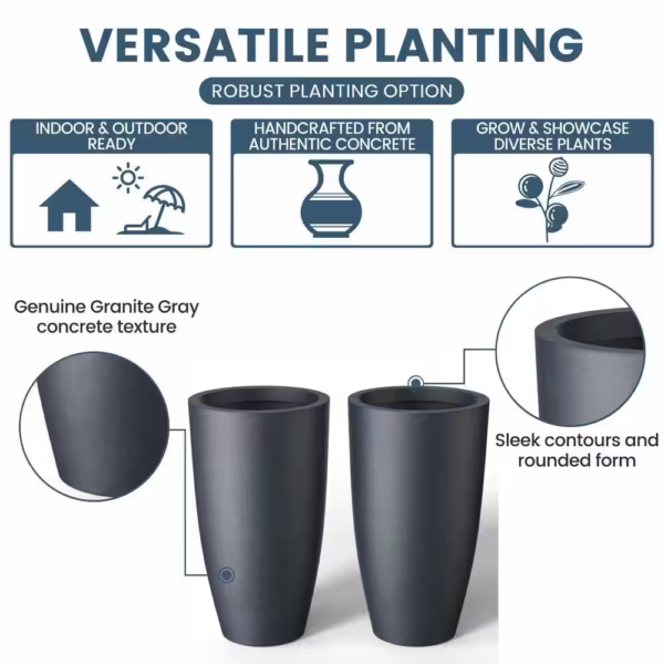 13.5 In. Large Granite Gray Concrete round Planter / Pot with Drainage Holes (Set of 2) - Image 6
