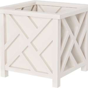 Lattice Design Outdoor Planter Box - 14.75” Square 13” Tall White Plant Pot - Decorative Plant Pots for Front Porch Decor - Flower Pots Outdoor Planters for Porch Patio or Garden Decor by