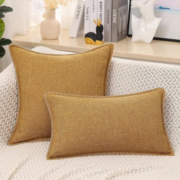 Decorative Outdoor Throw Pillow Covers 18X18 Set of 2, Square Linen Rustic Farmhouse Pillow Covers with Stitched Edge for Couch, Sofa, Living Room, Bronze Gold - Image 8