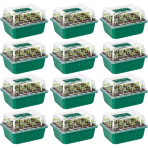 Indoor/Outdoor Reusable 144-Cell Seed Starter Trays with Humidity Dome, Drain Hole (12-Pack)