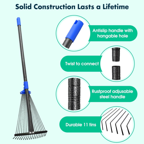 Garden Leaf Rake with Expandable Head from 9.5 Inch to 17 Inch, Collapsible Lawn - Image 8