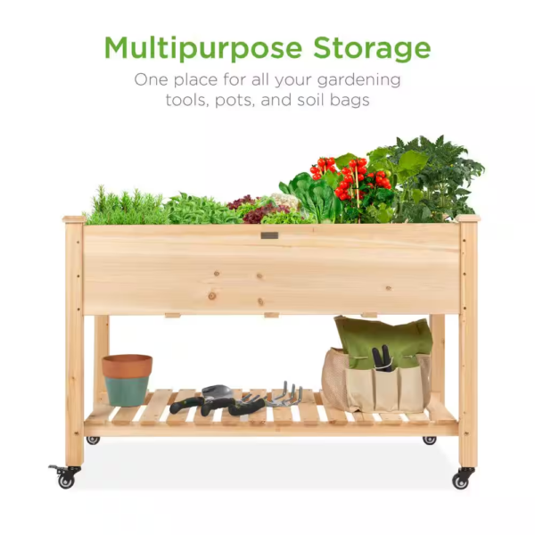 48 In. X 24 In. X 32 In. Wood Raised Garden Bed with Lockable Wheels, Liner - Image 3