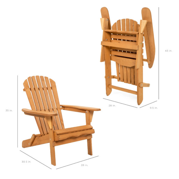 Folding Adirondack Chair Outdoor, Wooden Accent Lounge Furniture W/ 350Lb Capacity - Natural - Image 8