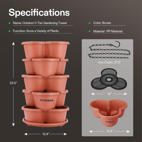 5 Tier Vertical Gardening Stackable Planter for Strawberries, Flowers, Herbs, Vegetables, Brown - Image 5