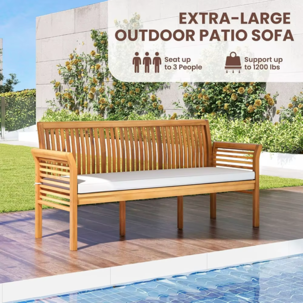 62.5’’ Outdoor Bench Acacia Wood - 3-Person Patio Bench W/Backrest, Armrests & Removable Seat Cushion, Slatted Wooden Garden - Image 4
