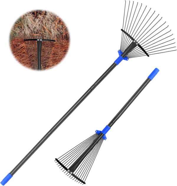 Garden Leaf Rake with Expandable Head from 9.5 Inch to 17 Inch, Collapsible Lawn