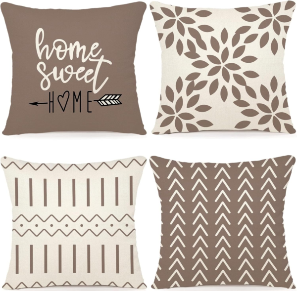 Pillow Covers 18X18 Set of 4, Modern Sofa Throw Pillow Cover, Decorative Outdoor Linen Fabric Pillow Case for Couch Bed Car, Khaki