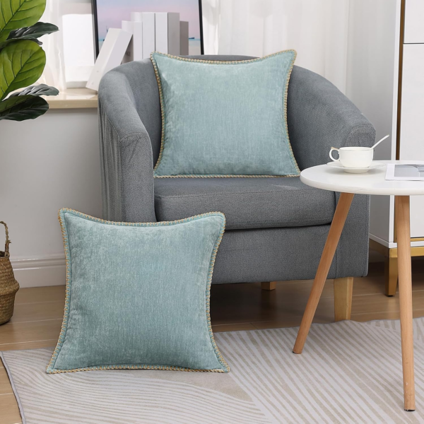 Chenille Soft Throw Pillow Covers 24X24 Set of 2, Farmhouse Velvet Decorative Pillow Covers with Stitched Edge for Couch Sofa Bed, Aqua Haze - Image 5