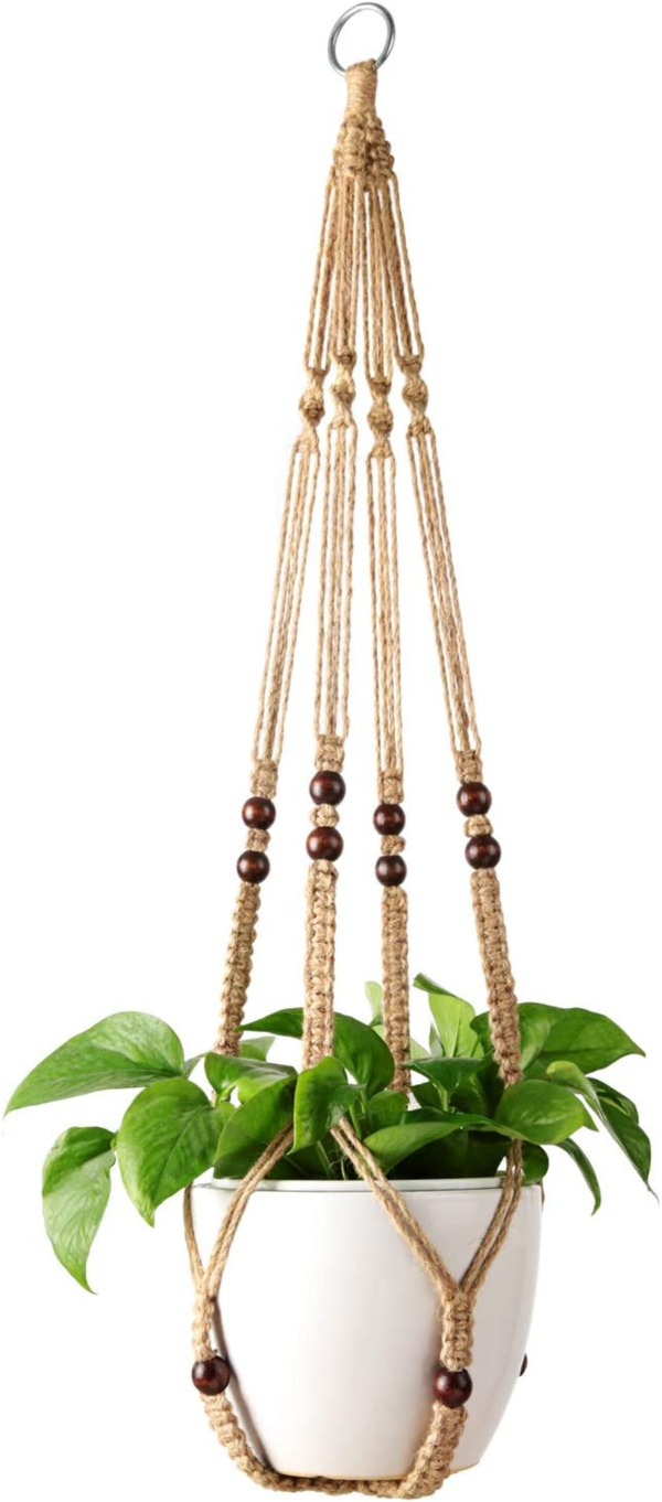 Macrame Plant Hanger Indoor Jute Hanging Planter Basket with Wood Beads Decorative Flower Pot Holder No Tassels for Indoor Outdoor Boho Home Decor 35 Inch, Brown, Set of 1 (POTS NOT Included)