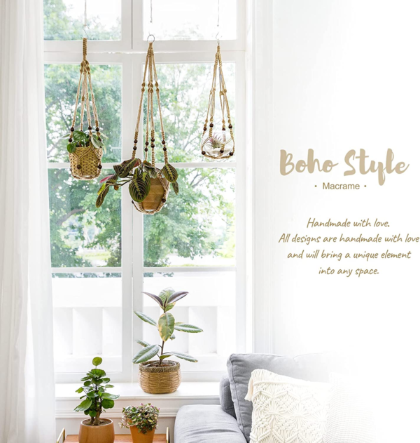 Macrame Plant Hanger Indoor Jute Hanging Planter Basket with Wood Beads Decorative Flower Pot Holder No Tassels for Indoor Outdoor Boho Home Decor 35 Inch, Brown, Set of 1 (POTS NOT Included) - Image 4