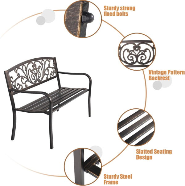 Patio Garden Bench Outdoor Metal Bench Park Yard Furniture Cast Iron Loveseats with Armrests for Porch Backyard Lawn Deck - Image 5