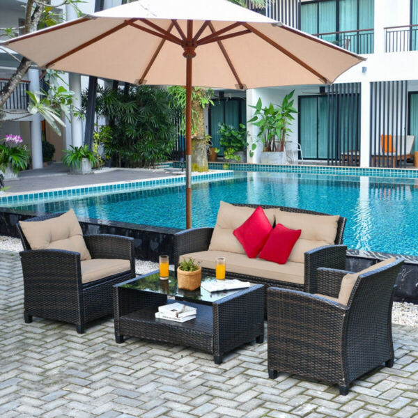 4 Pieces Outdoor Rattan Furniture Set with Glass Table - Image 6