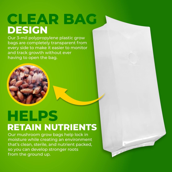 Reinforced Mushroom Grow Bags, 25 Count, Oyster Spawn and Grain Root Substrate Growing Kit with 0.2 Micron Filter”, Heavy Duty 3 Mil Polypropylene Plastic - Image 6