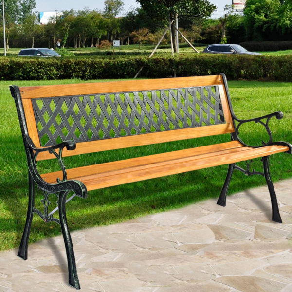 Garden Metal Bench Porch Path Hardwood Chair for Patio Park Outdoor Deck - Image 2